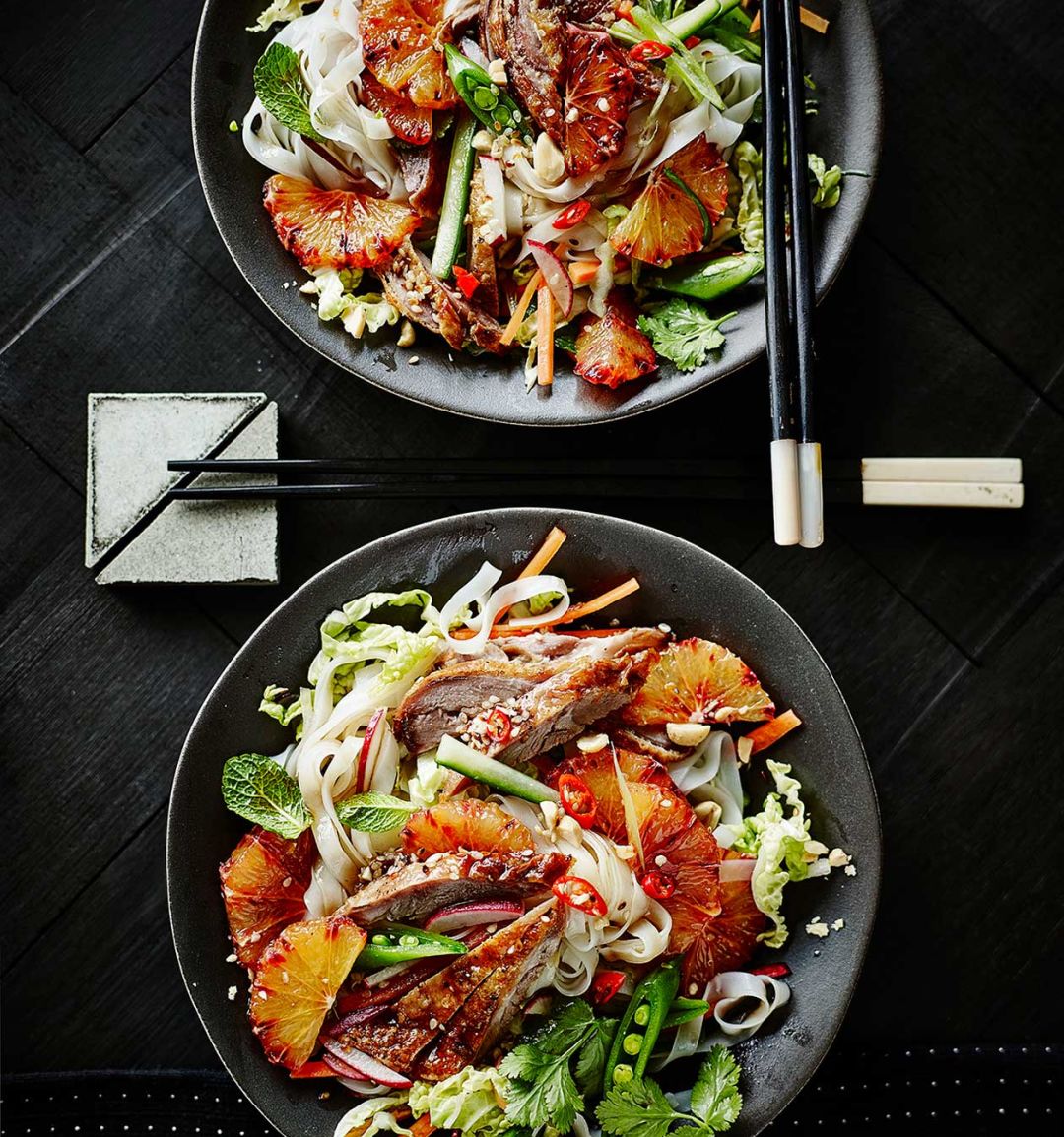 Vietnamese-style crispy duck salad with blood oranges