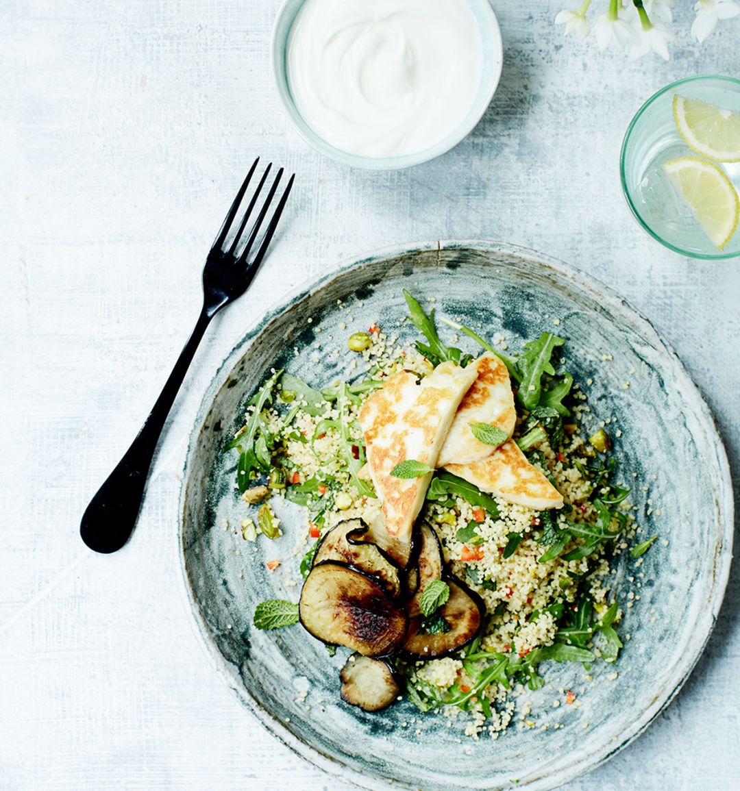 Halloumi and aubergine with minted couscous
