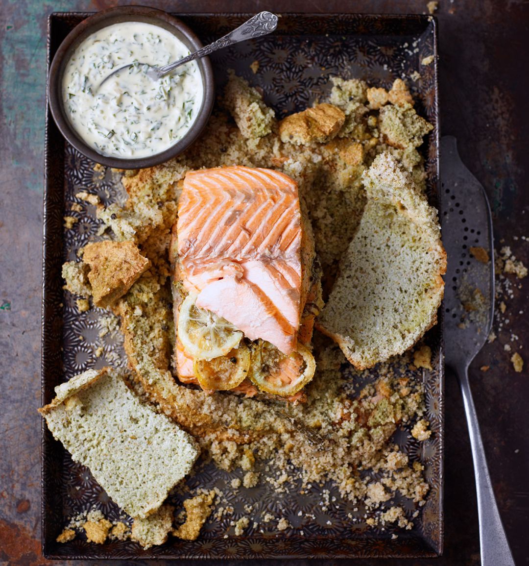 Salt-baked salmon with watercress sauce