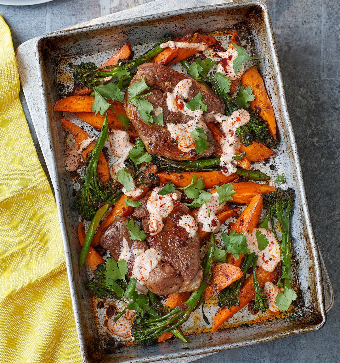 Moroccan lamb and sweet potato traybake