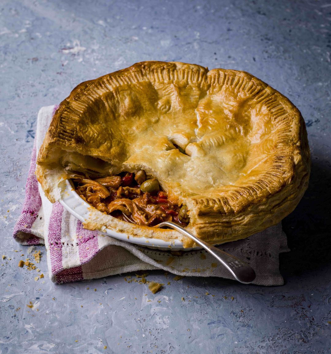 Spanish chicken pie with chorizo and olives