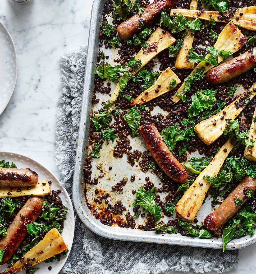 Sticky sausage and parsnip traybake
