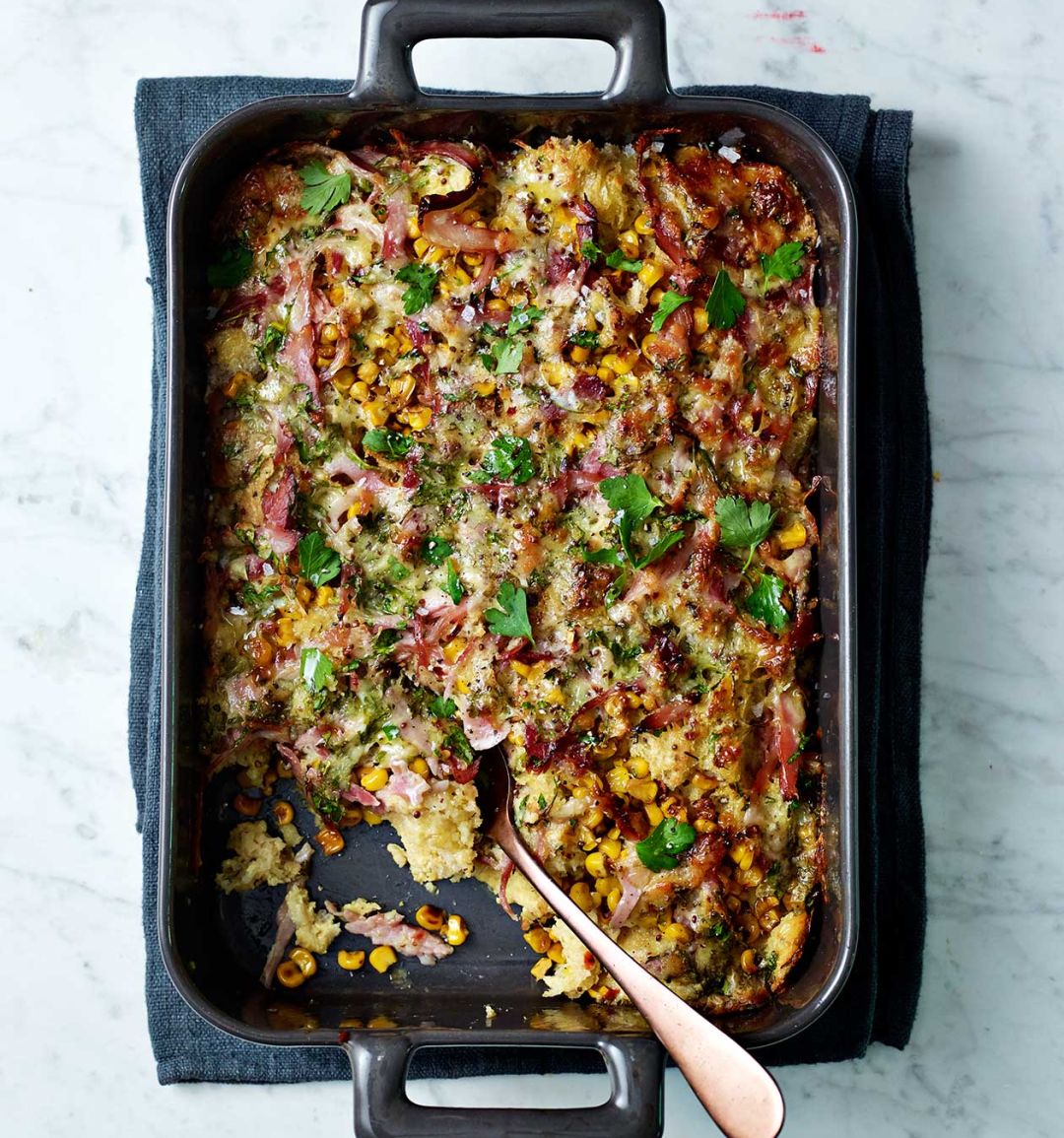 Ham, sweetcorn and cheese bread pudding