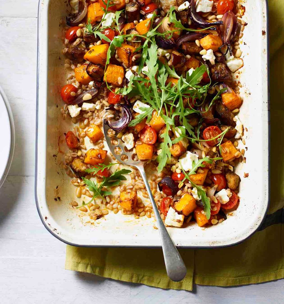 Roasted aubergine, squash & feta grain bake 