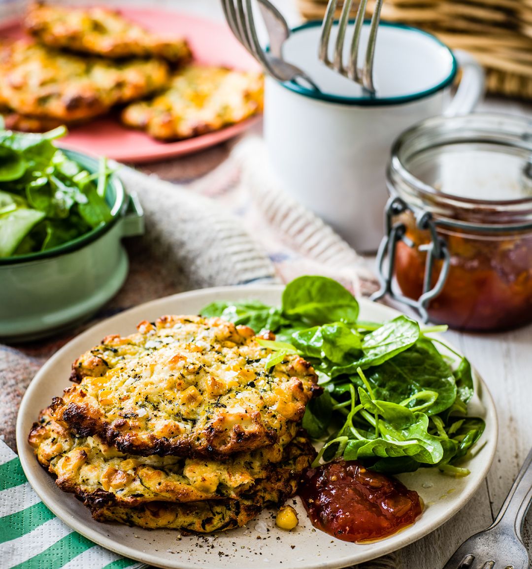 Sweetcorn, courgette and feta oven-baked fritters
