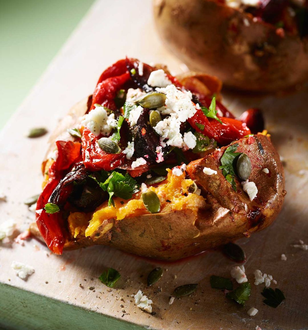 Sweet potato jackets with beetroot ratatouille