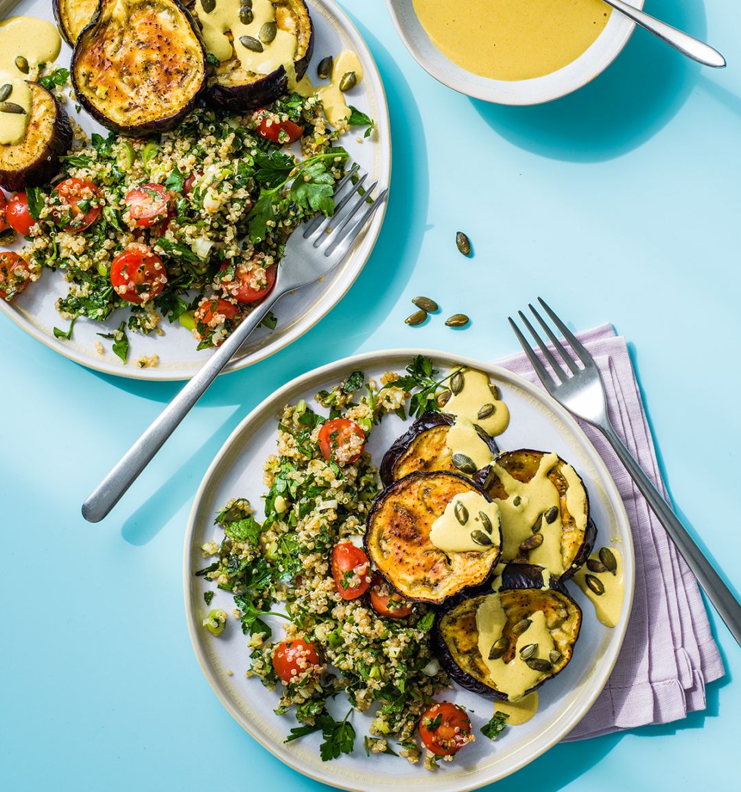 Roast aubergine with tabbouleh and walnut turmeric sauce