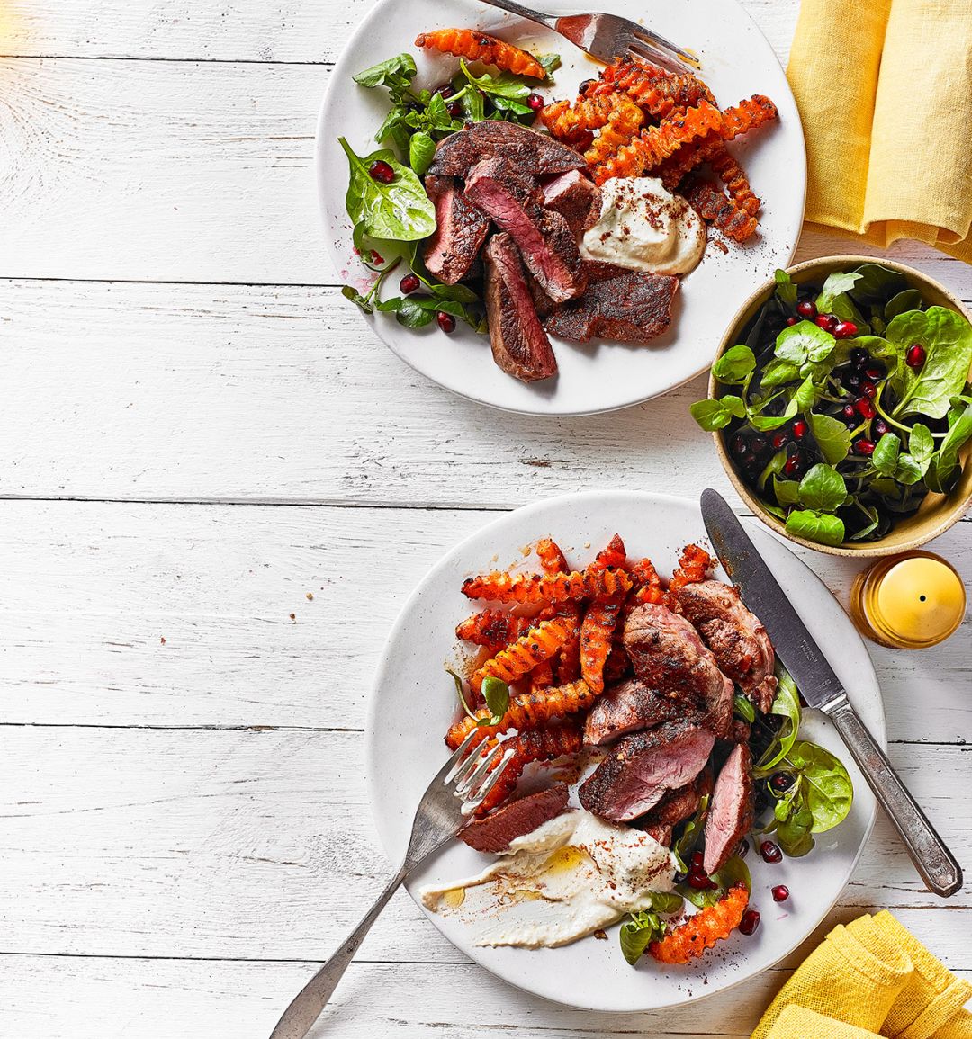 Spiced lamb steaks with squash chips