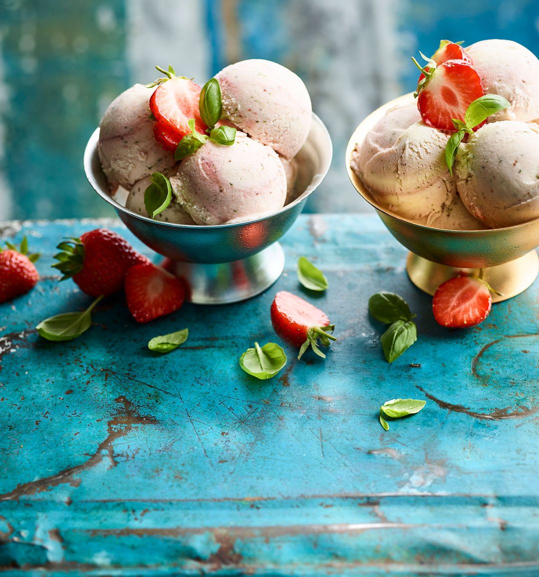Strawberry and basil no-churn ice cream