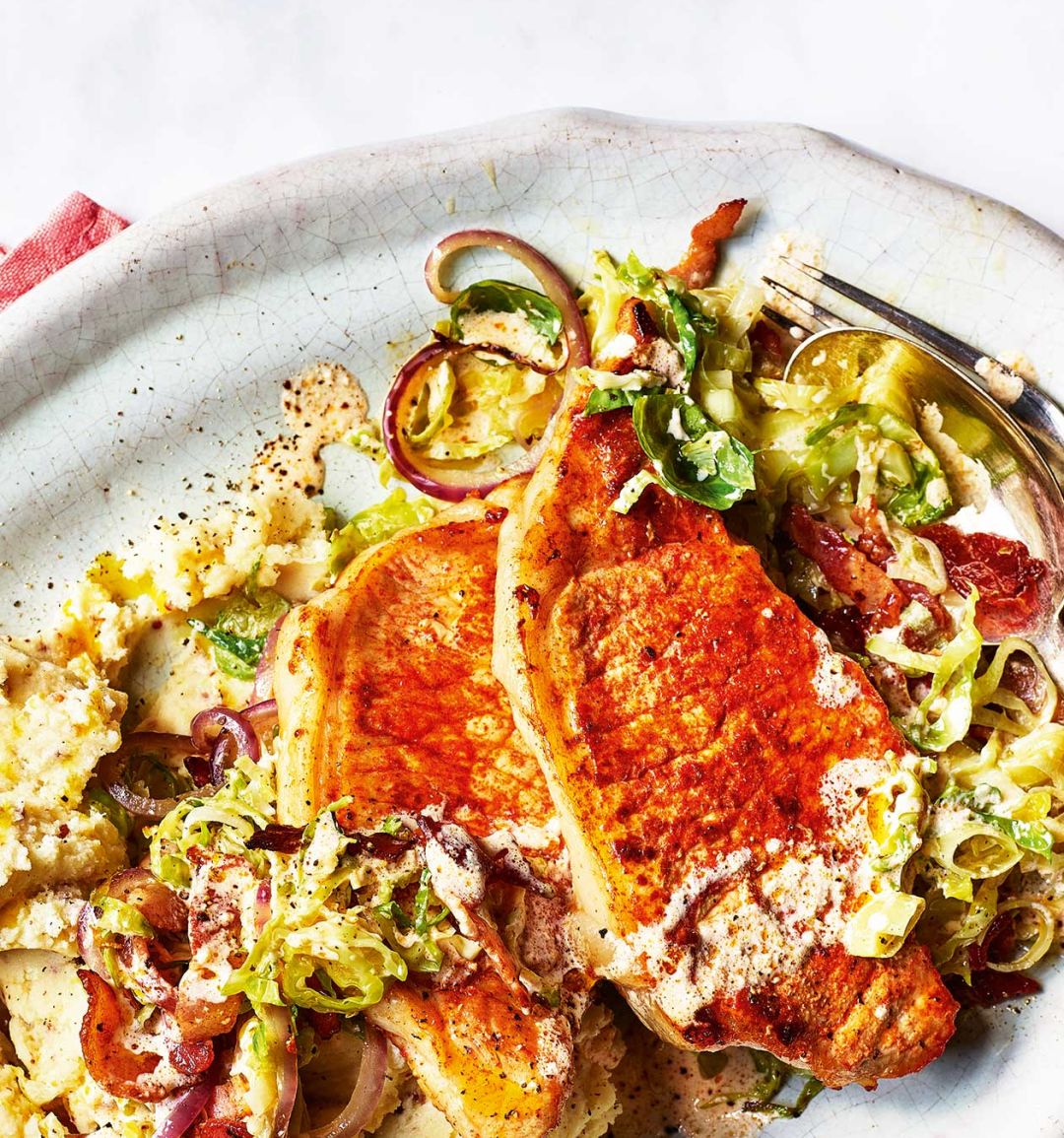 Smoky pork with stir-fried sprouts