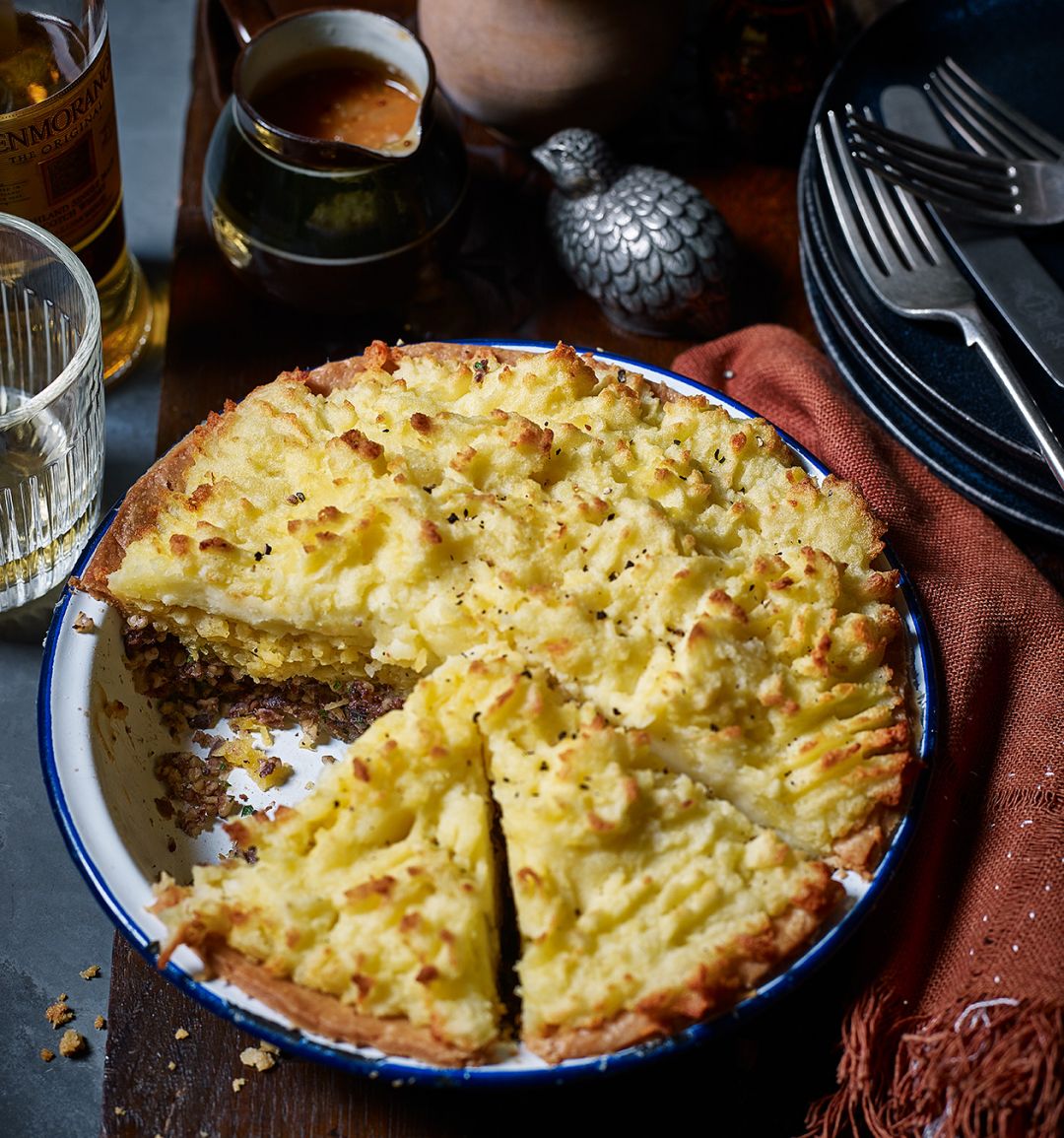 Haggis, neeps and tatties tart with whisky gravy