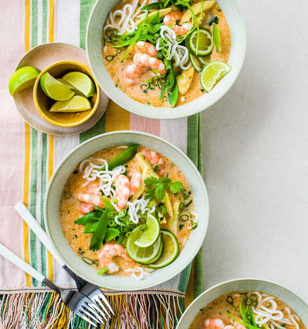 Thai red curry noodle soup with prawns