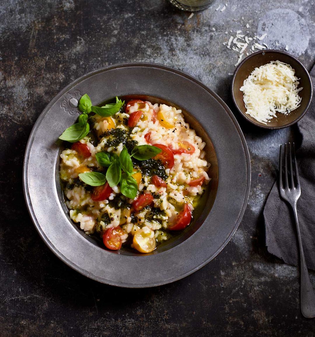Tomato risotto with basil oil