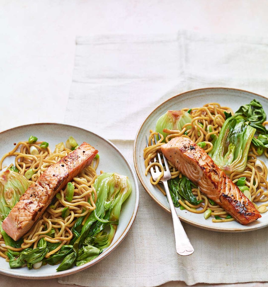 Salt and pepper salmon with spring onion noodles
