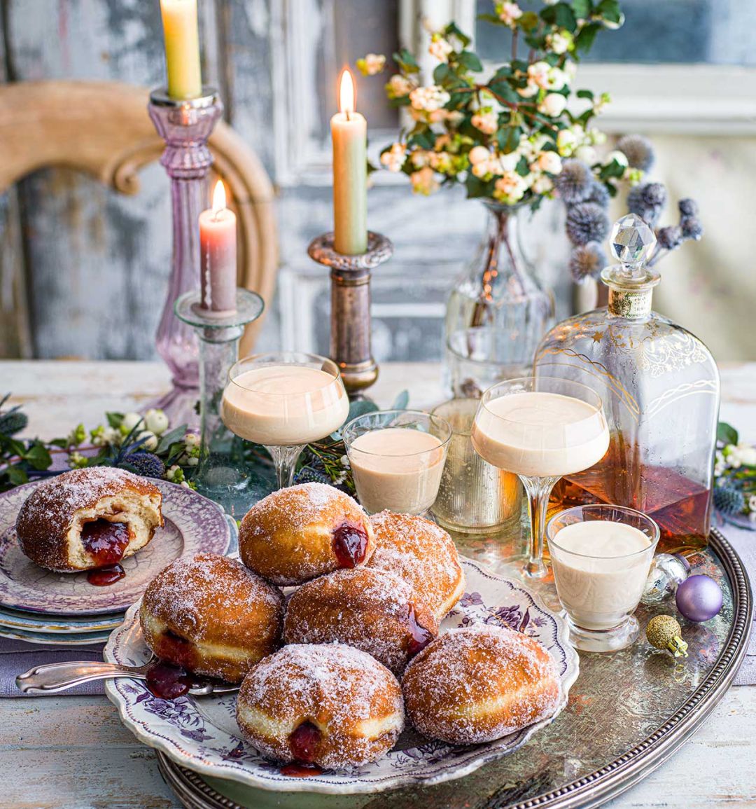 Damson doughnuts with hazelnut eggnog shots