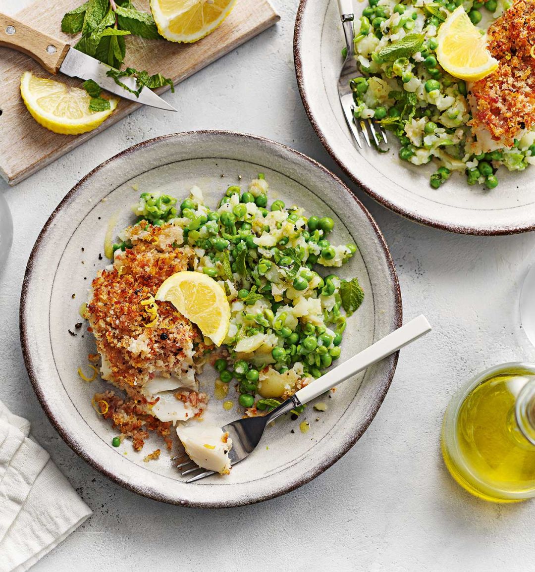 Bacon-crumbed cod with minty crushed potatoes and peas