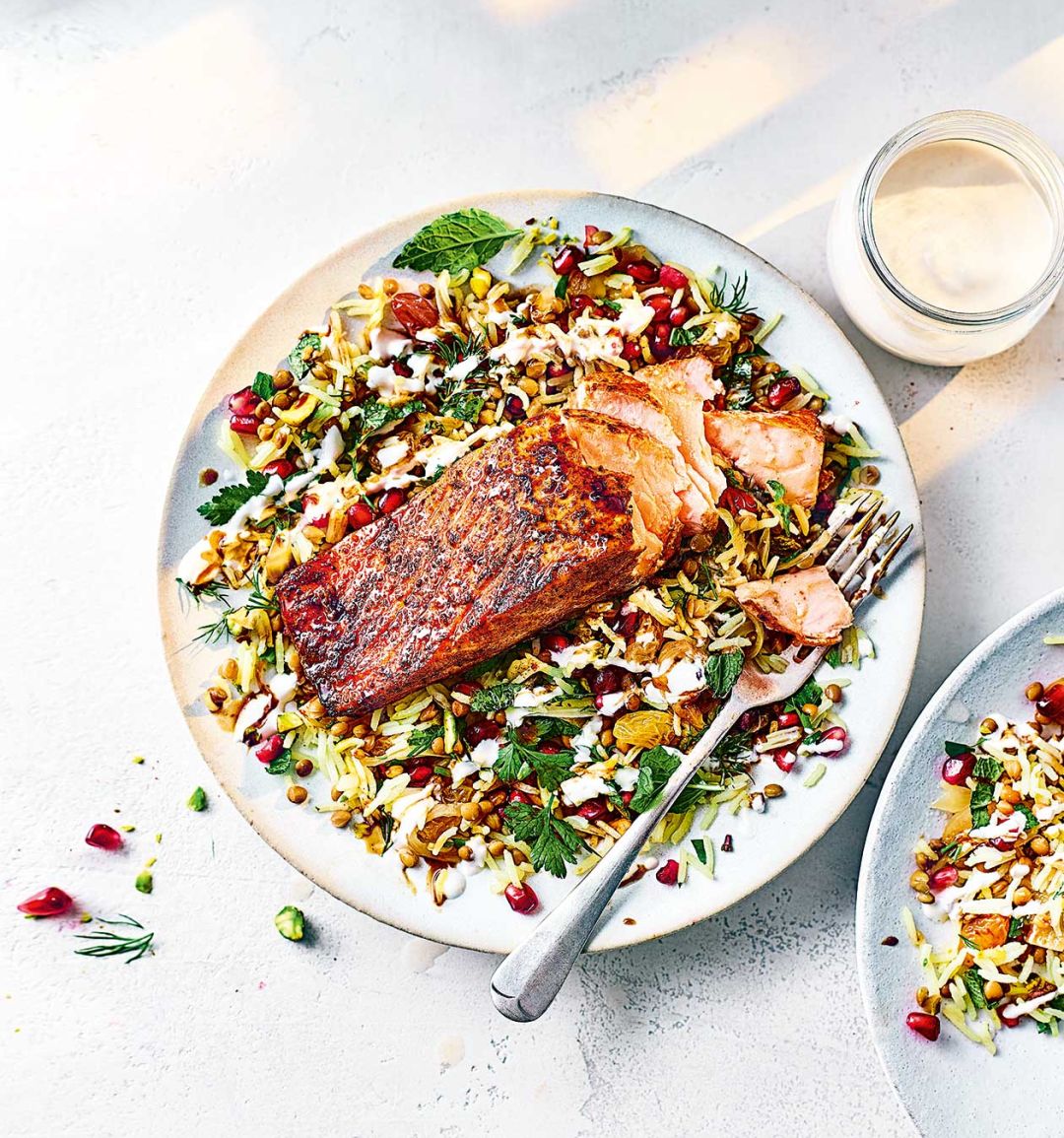 Spiced salmon with jewelled rice salad