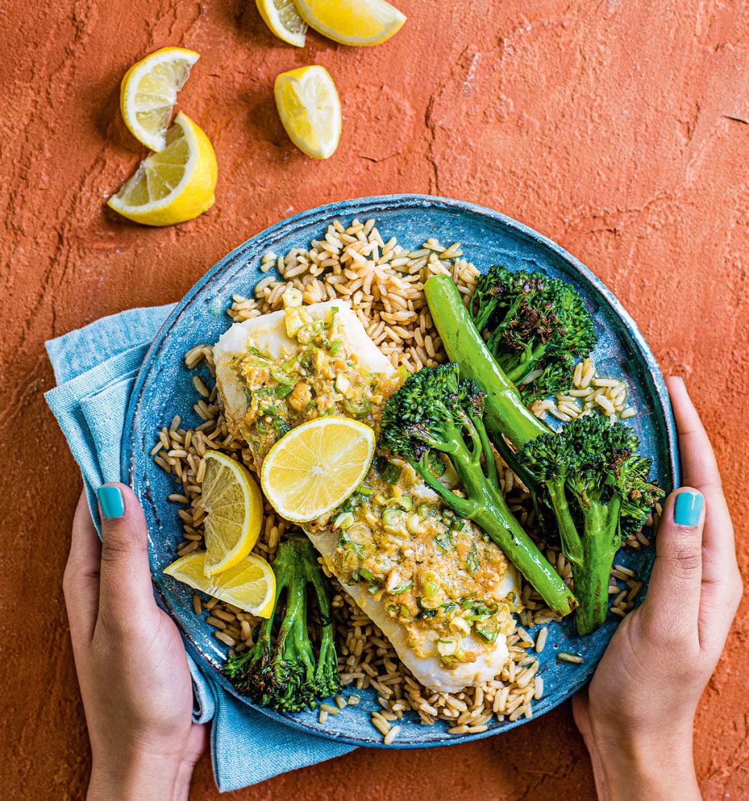 Miso butter cod with roasted broccoli