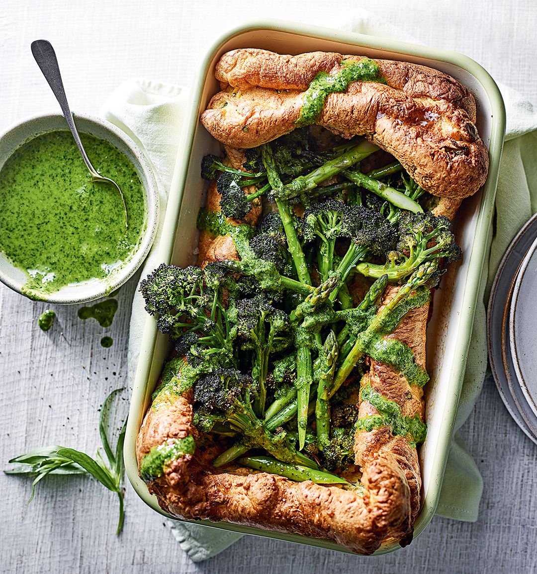 Roasted broccoli and asparagus Yorkshire pudding