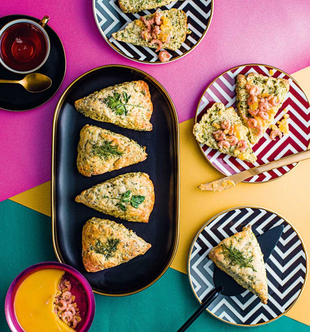 Summer herb scones with potted shrimp