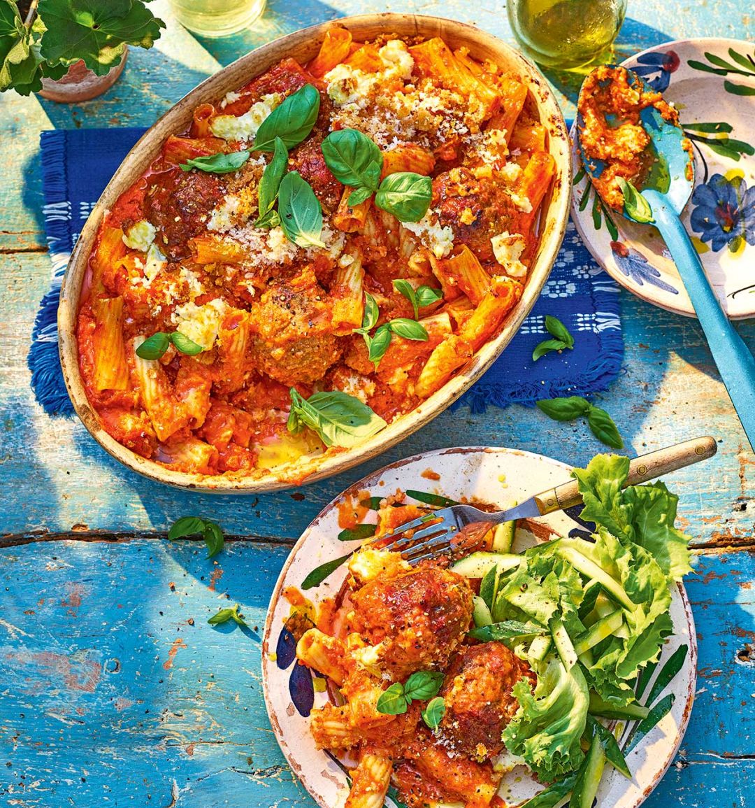 Lamb meatball, red pepper and feta rigatoni bake