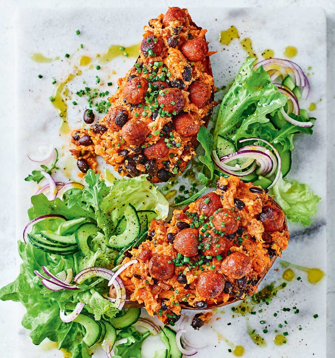 ‘Chorizo’ and black bean loaded sweet potato boats