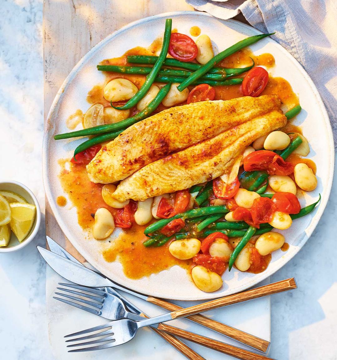 Pan-fried basa with smoky tomato beans