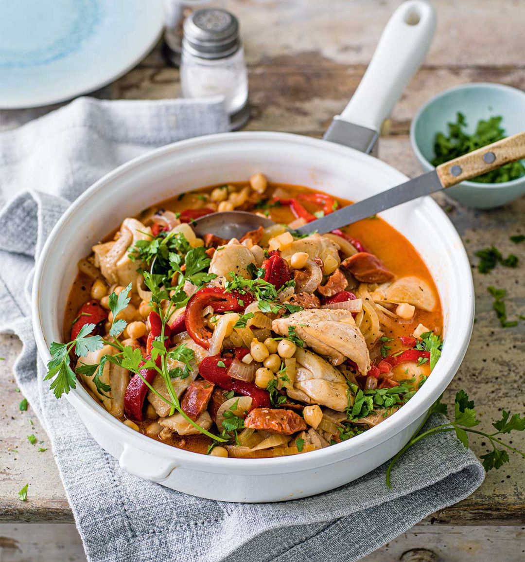 Sherry-braised chicken with chorizo and chickpeas