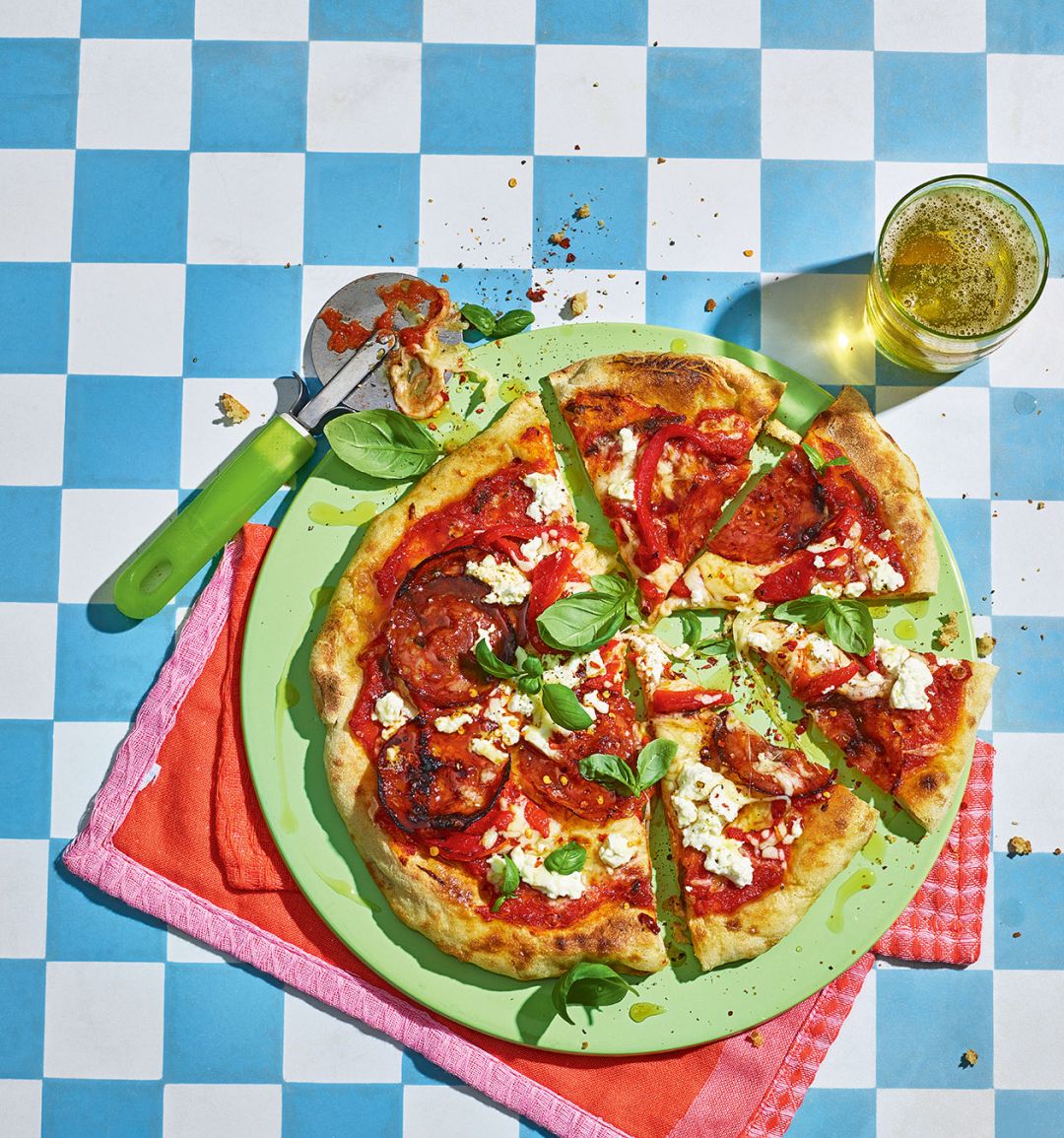 Chorizo and feta pizza with hot honey