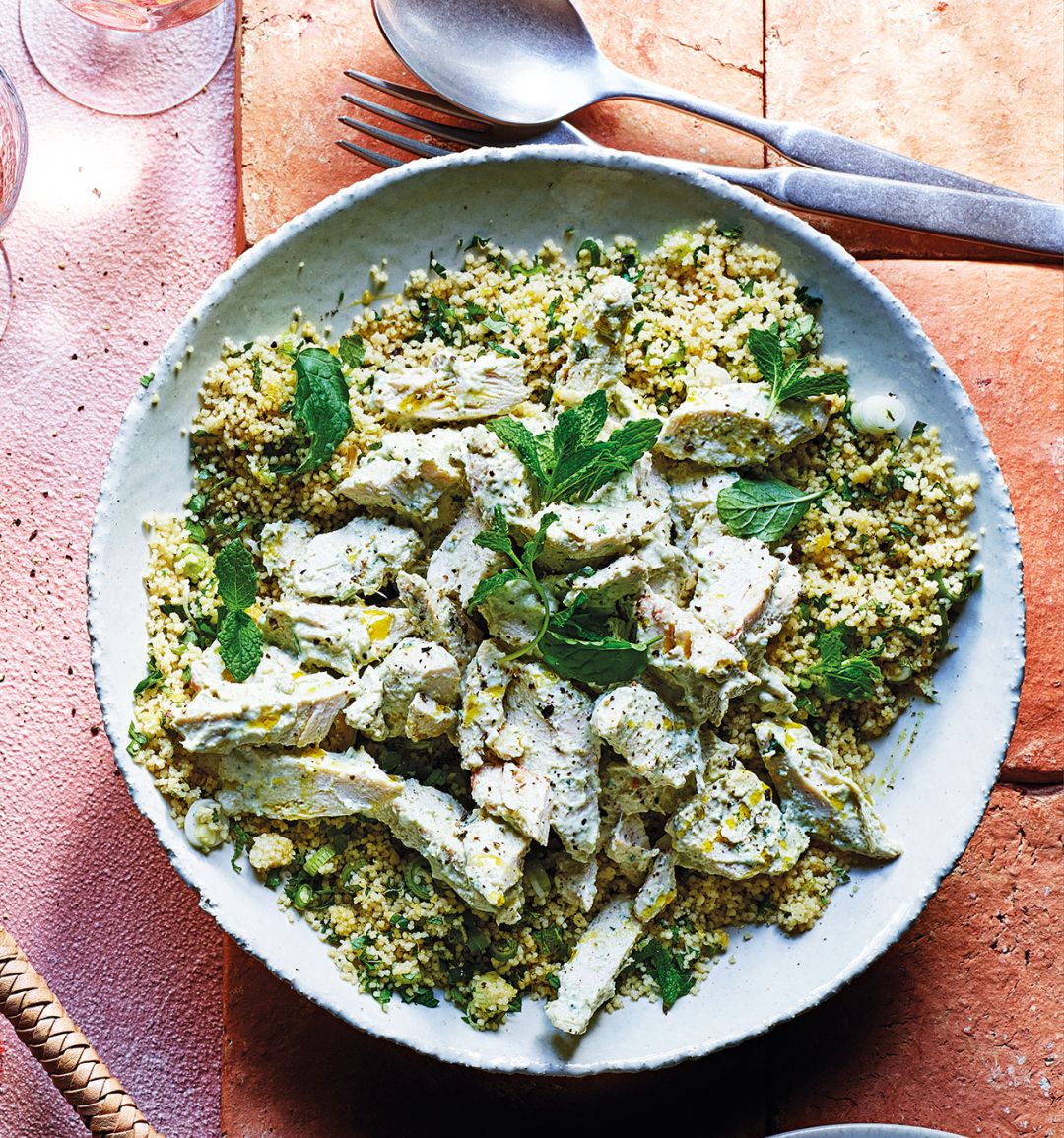 Green couscous with torn tahini chicken