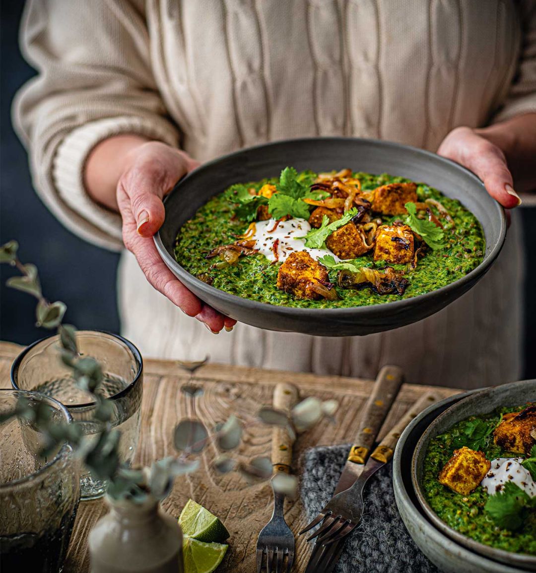 Emerald dhal with golden tofu