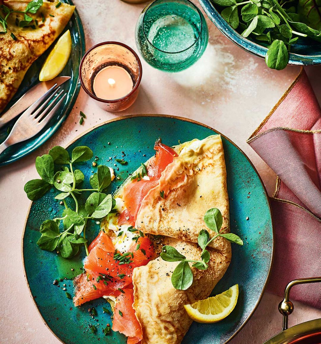 Smoked salmon pancake, truffle soured cream and chives 