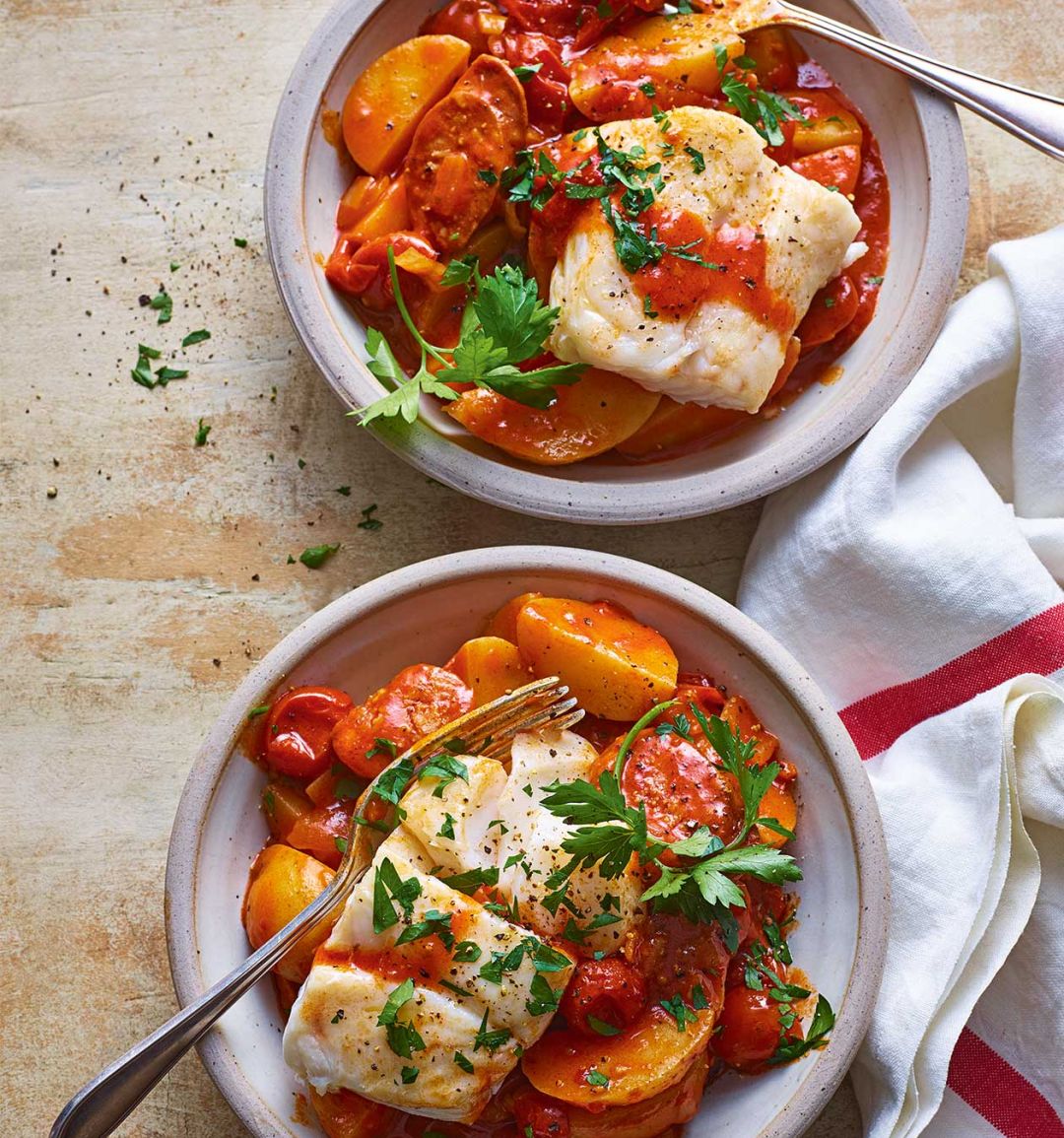 Braised cod patatas bravas