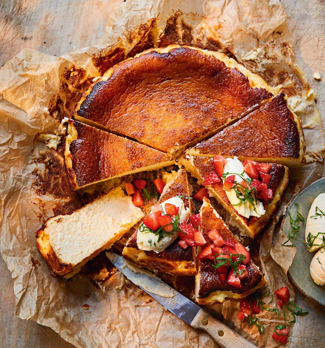 Burnt Basque cheesecake with strawberries and basil cream