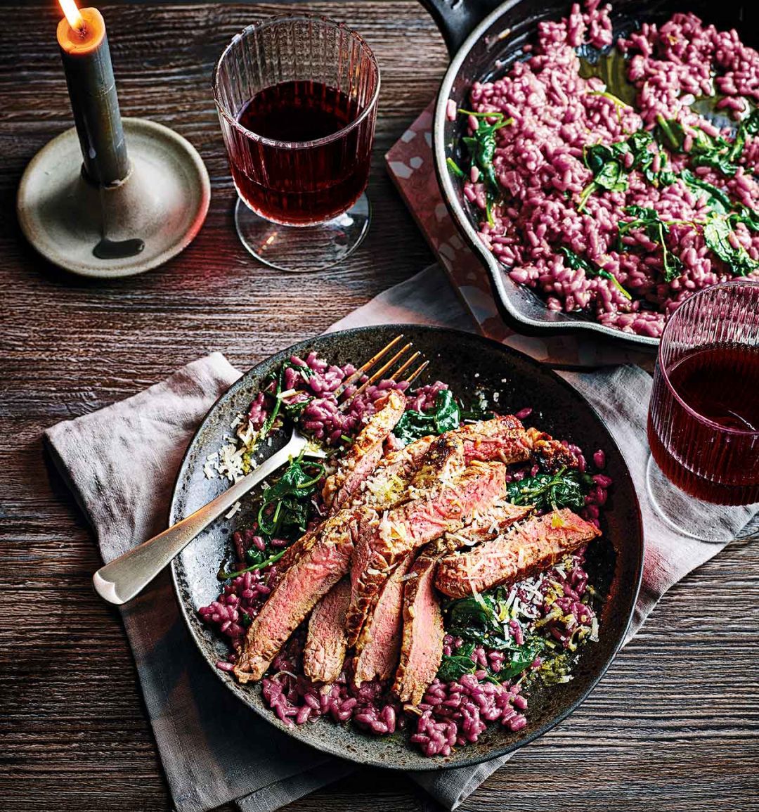 Seared horseradish steak with red wine and rosemary risotto