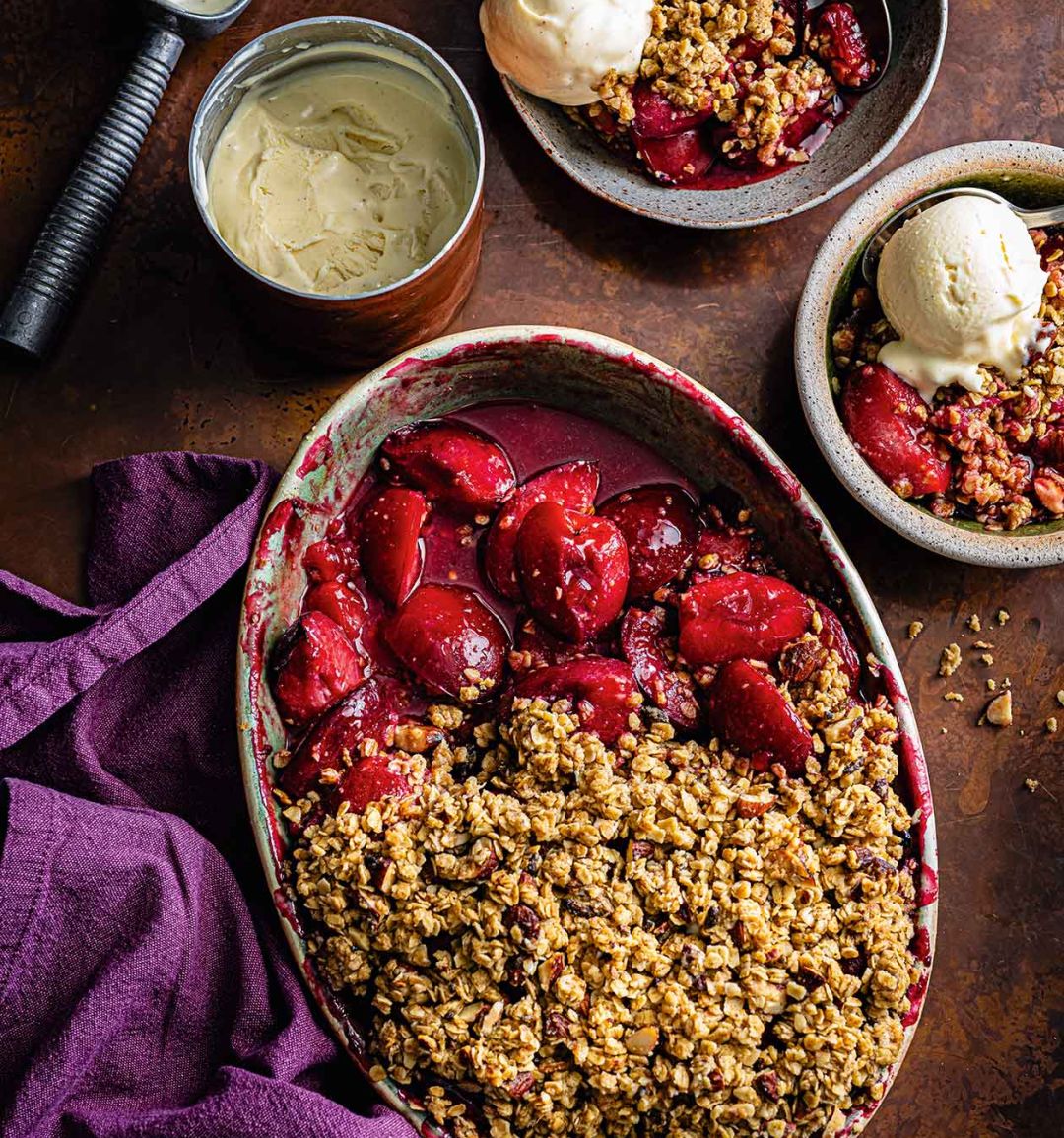 Boozy plum crisp with brown butter ice cream