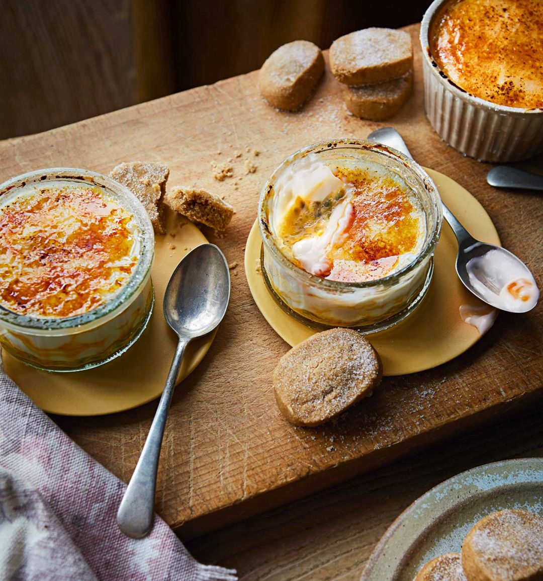 Coconut and passion fruit brûlées with ginger shortbread