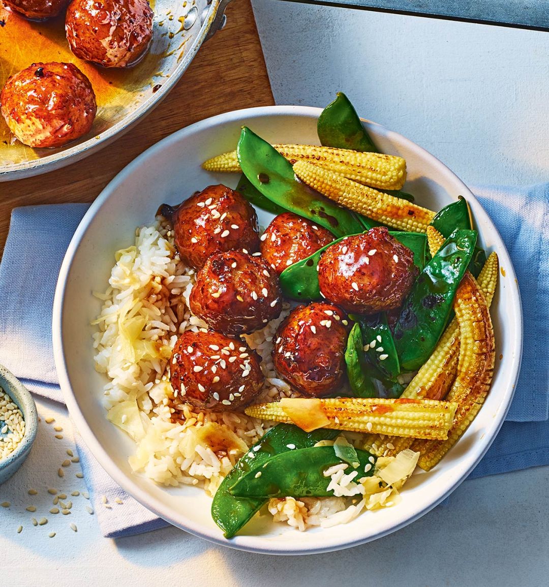 Sticky soy-glazed meatballs with ginger rice