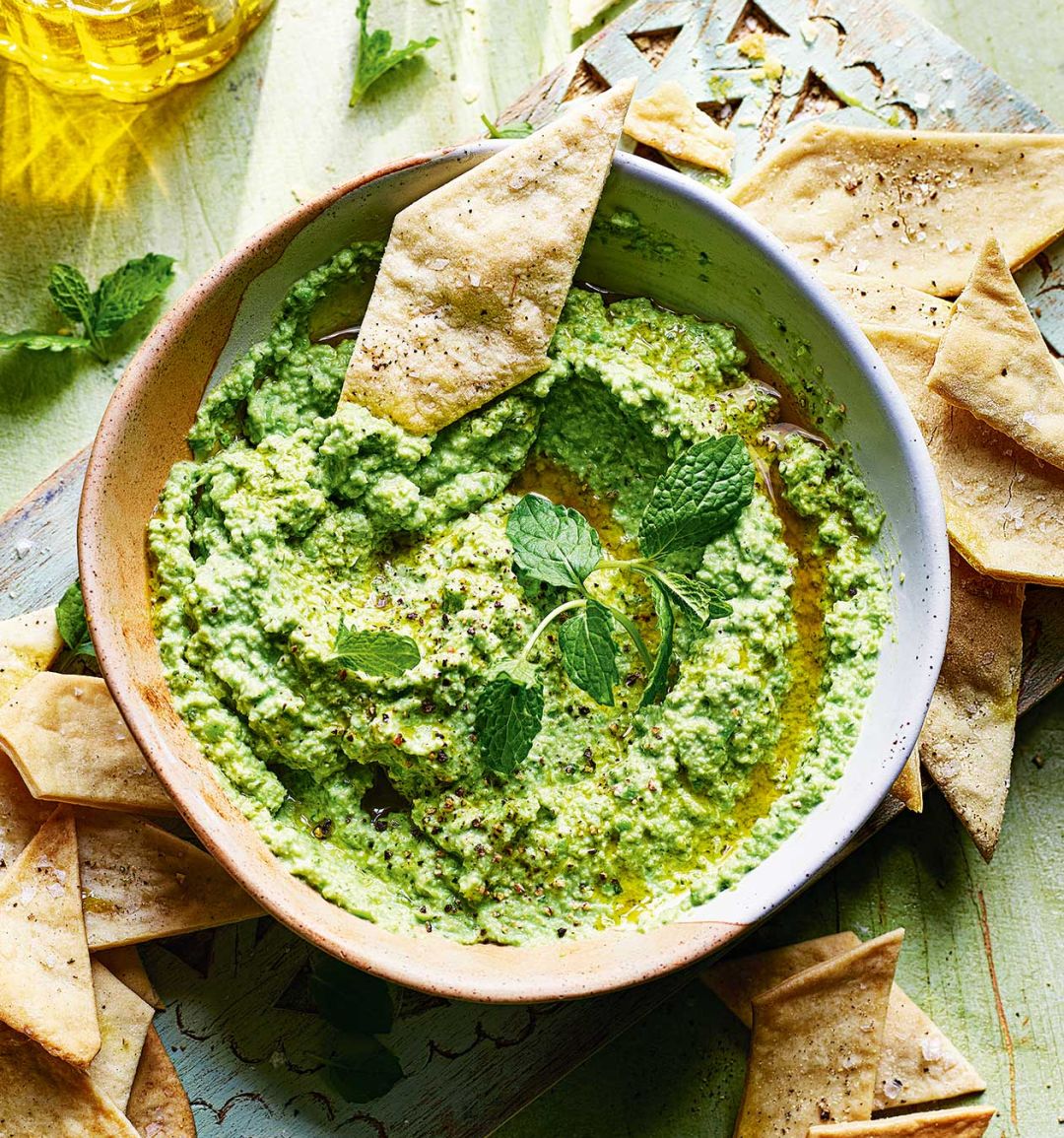 Minty broad bean and pea dip with olive oil crackers