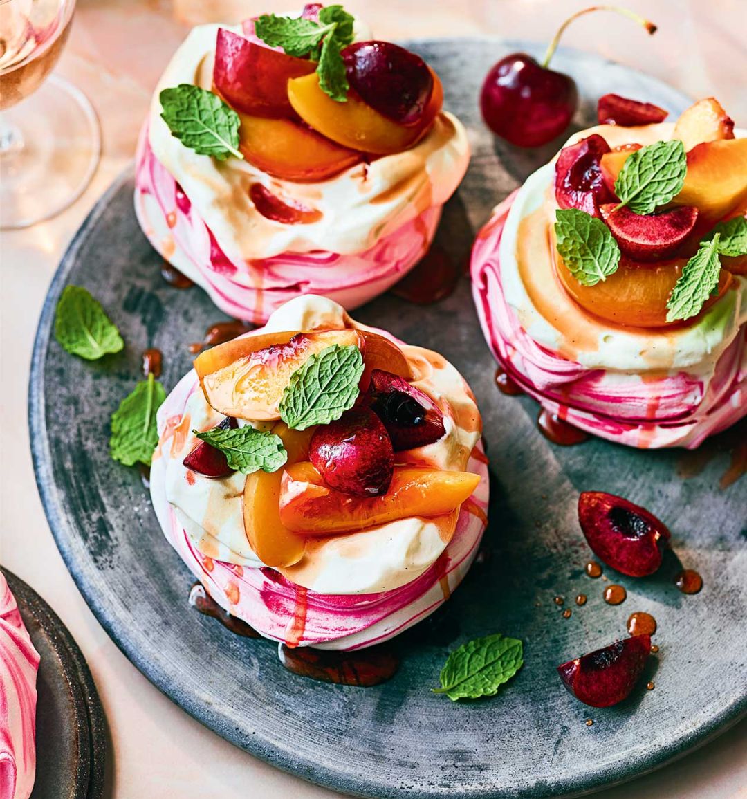 Rosé peaches and cream pavlovas
