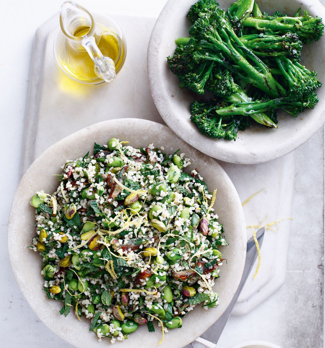Bulgur, broad beans and dates salad with griddled broccoli