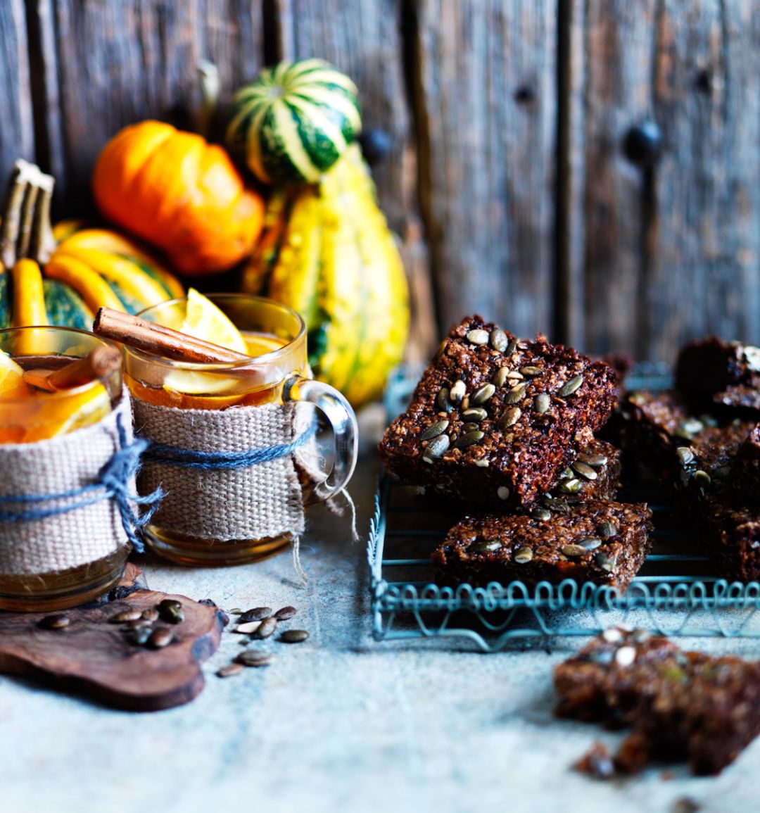 Pumpkin seed, black treacle and ginger squares