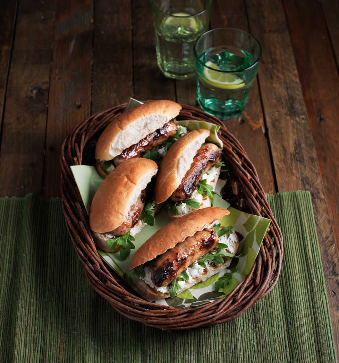 Goats' cheese and caramelised red onion hot dogs