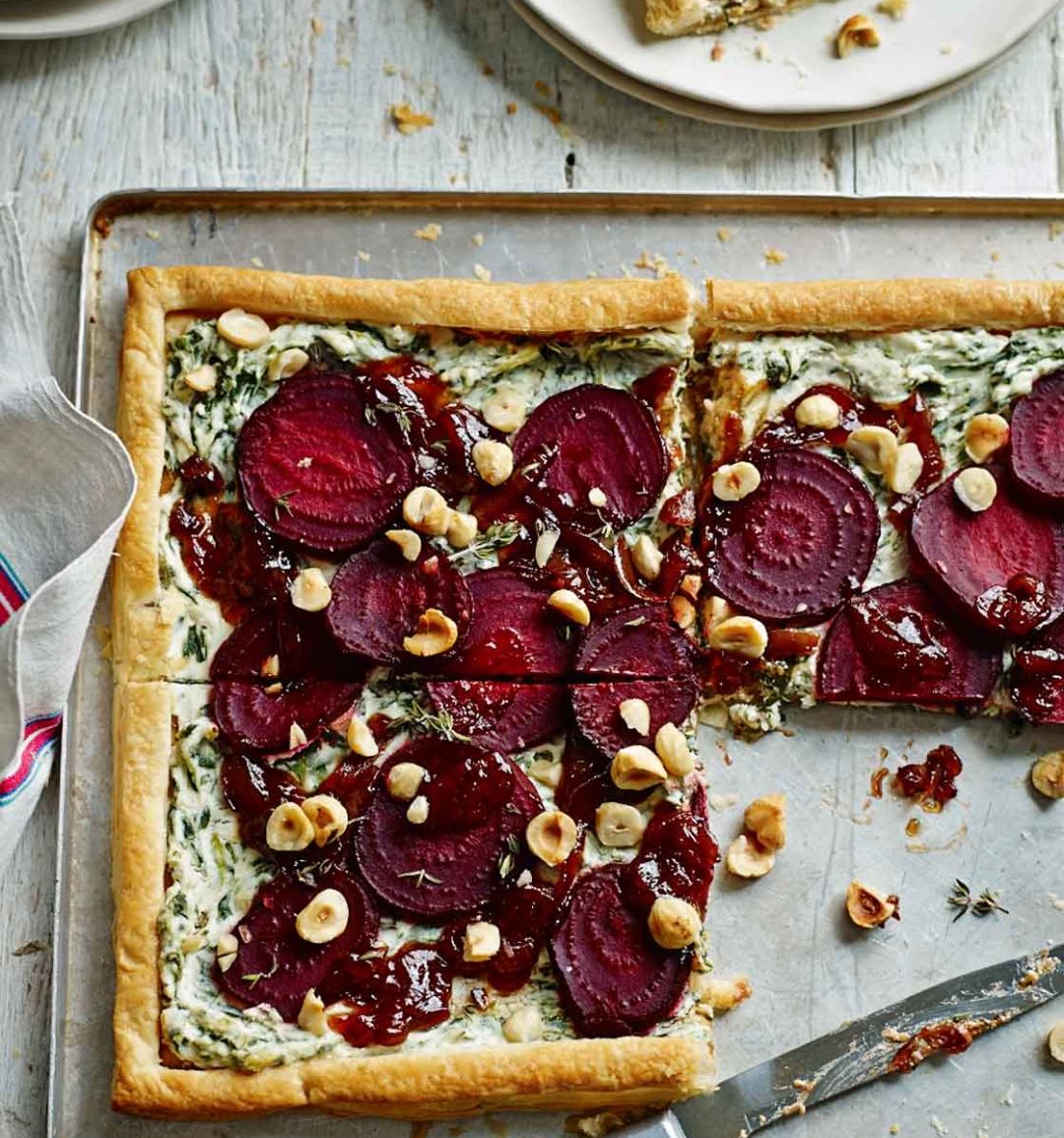 Beetroot, goats’ cheese and hazelnut tart