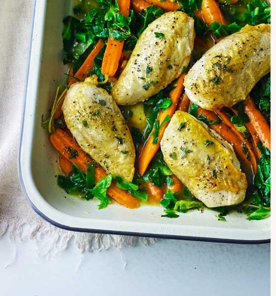 Orange roasted chicken with spring vegetables 