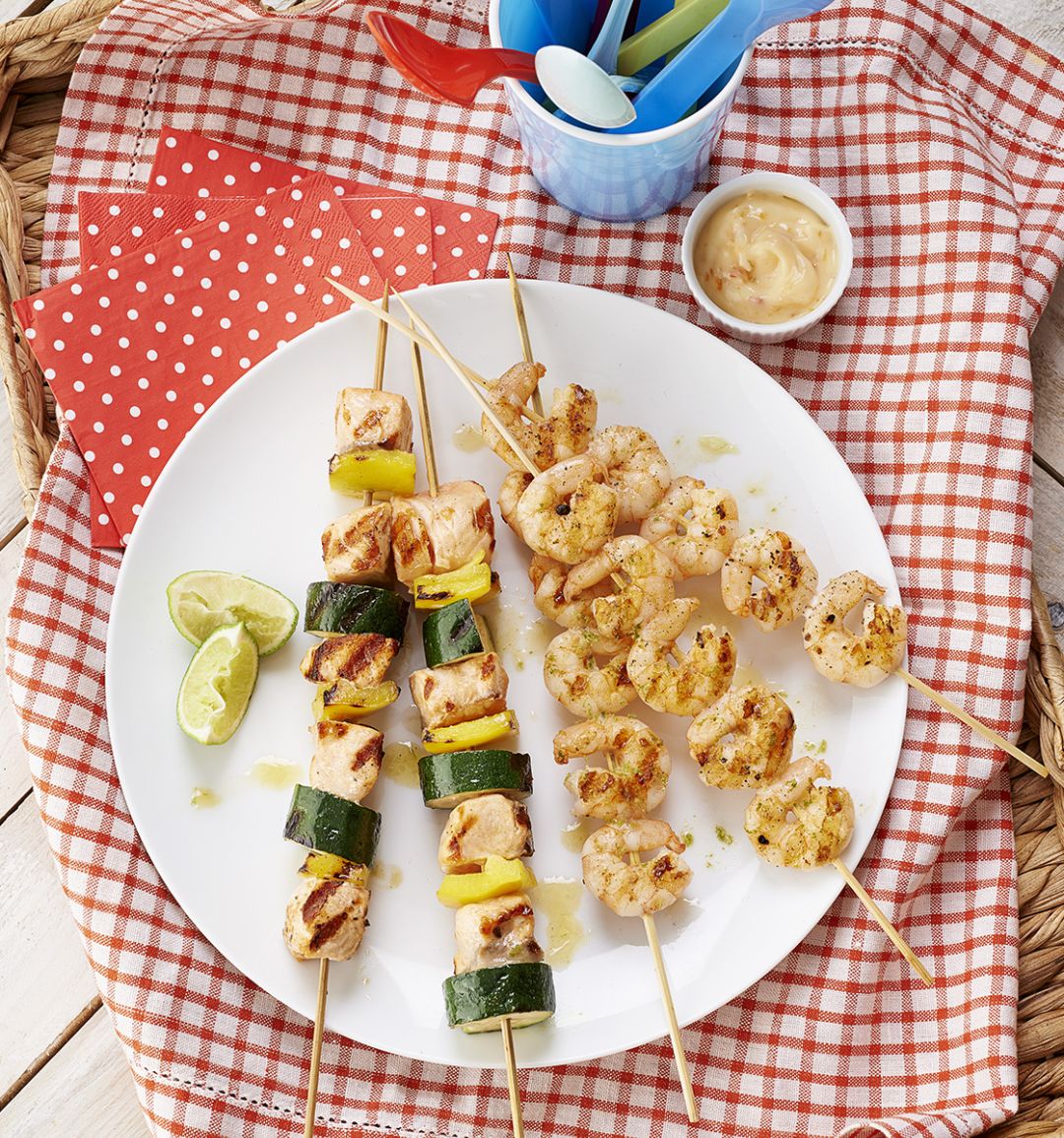 Summer skewers with a sweet chilli dip