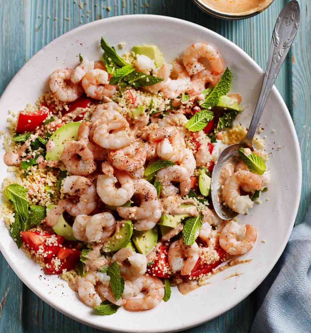 Prawn and avocado couscous with harissa yogurt 
