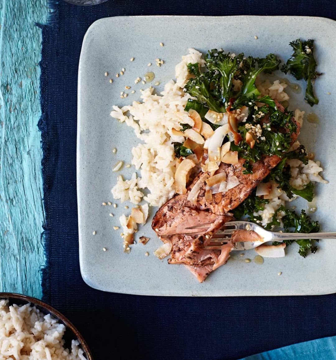Spiced salmon with coconut rice 