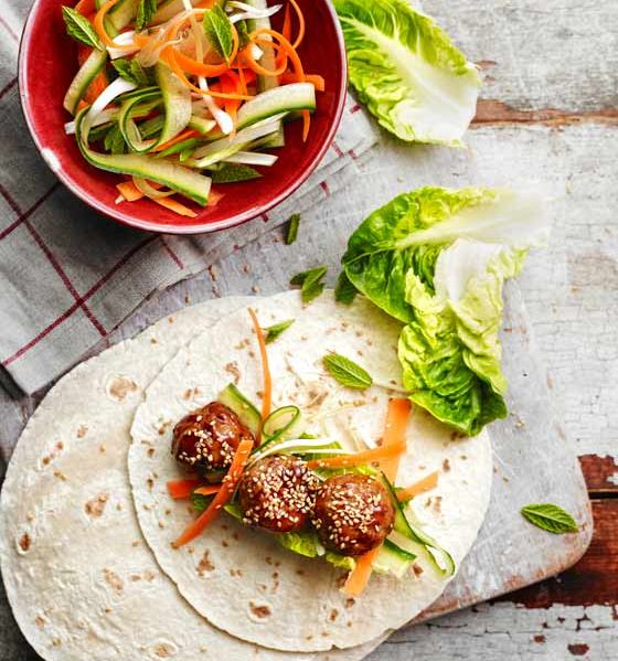 Sticky hoisin turkey meatball wraps