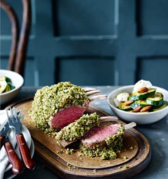 Rack of lamb with herb crust and lemon ricotta courgettes